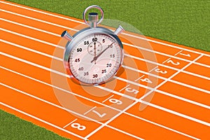 Silver stopwatch, chronometer on the running track. 3D rendering