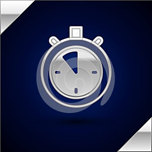 Silver Stopwatch icon isolated on dark blue background. Time timer sign. Chronometer sign. Vector