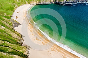 Silver Strand, a sandy beach in a sheltered, horseshoe-shaped bay, situated at Malin Beg, near Glencolmcille, in south-west County