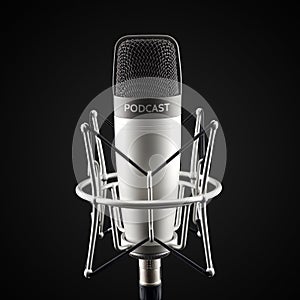 Silver studio condenser microphone with podcast word