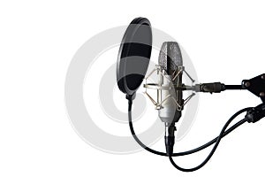 Silver studio condenser microphone with pop up filter, isolated on white background