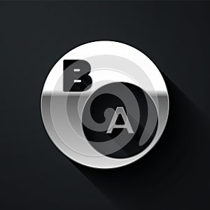 Silver Subsets, mathematics, a is subset of b icon isolated on black background. Long shadow style. Vector