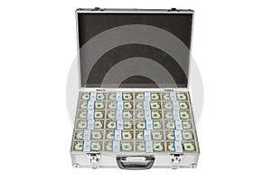 Silver Suitcase with Dollar Notes on white