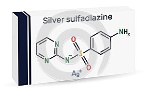 Silver sulfadiazine molecule. It is sulfonamide antibiotic. Skeletal chemical formula. Paper packaging for drugs photo