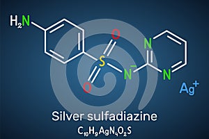Silver sulfadiazine molecule. It is sulfonamide antibiotic. Structural chemical formula on the dark blue background photo