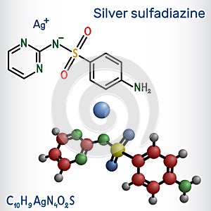 Silver sulfadiazine molecule. It is sulfonamide antibiotic. Structural chemical formula, molecule model. photo