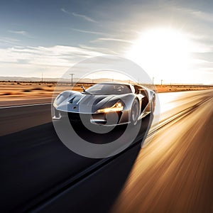 silver supercar accelerating down the landing strip under the radiant afternoon sun, Generative AI