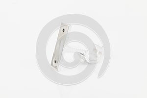 Silver support for curtain poles on white background