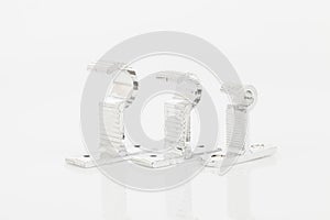 Silver support for curtain poles on white background
