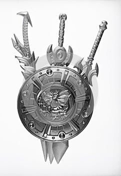 silver swords and shield isolated on white