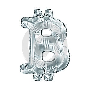 Silver symbol bitcoin made of inflatable balloon isolated on white background