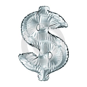 Silver symbol dollar made of inflatable balloon isolated on white background.