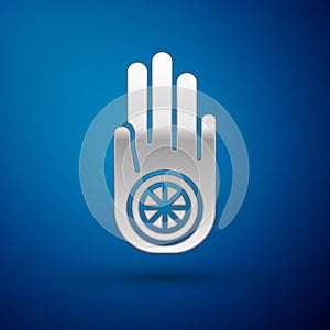 Silver Symbol of Jainism or Jain Dharma icon  on blue background. Religious sign. Symbol of Ahimsa. Vector