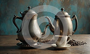 A silver teapot and a cup of coffee are on a table.