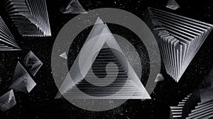 Silver textured tetrahedrons float and drift against a speckled black space background texture photo