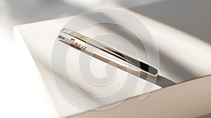 Silver tie is sitting on a white surface