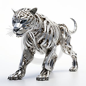 Silver Tiger Sculpture: A Technological Fusion Of Complexity And Steelpunk