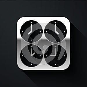 Silver Time zone clocks icon isolated on black background. Long shadow style. Vector