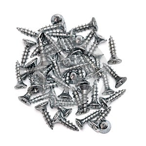 Silver tone fit hinges screws flat head on white background