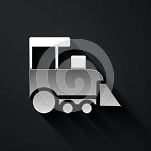 Silver Toy train icon isolated on black background. Long shadow style. Vector