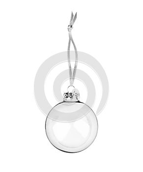 Silver transparent glass ball hanging on ribbon white background isolated close up, white ÃÂ¡hristmas tree decoration, new year photo