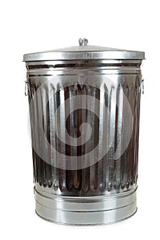 A Silver Trash Can on White