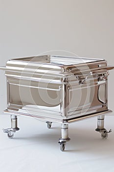 A silver tray with wheels on a white background, AI