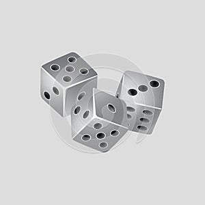 Silver trio of dice with grain on white background