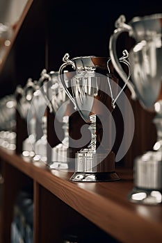 Silver Trophies on Wooden Shelf