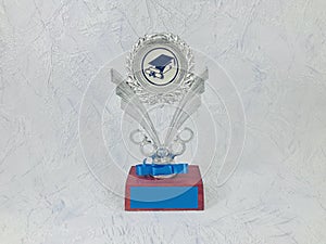 Silver trophy prize close up.