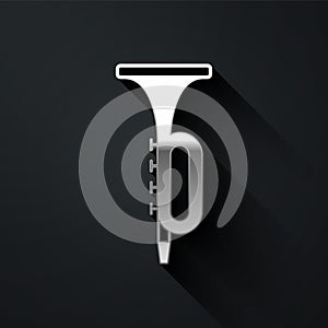 Silver Trumpet icon isolated on black background. Musical instrument. Long shadow style. Vector