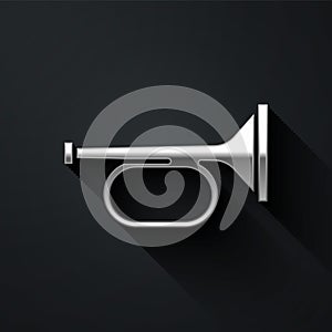 Silver Trumpet icon isolated on black background. Musical instrument trumpet. Long shadow style. Vector