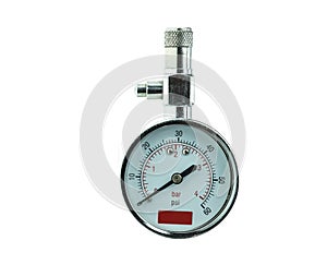 Silver tyre pressure gauge isolated on white background