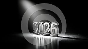 Silver 2026 under spotlight on reflective surface