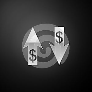 Silver Up and Down arrows with dollar symbol icon isolated on black background. Business concept. Long shadow style