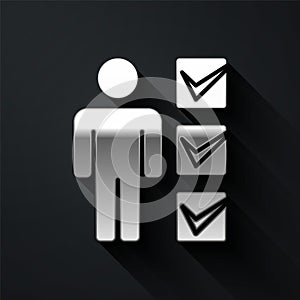 Silver User of man in business suit icon isolated on black background. Business avatar symbol user profile icon. Male