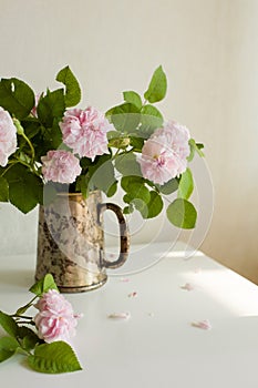 Silver vase wirh fresh pink roses, indoor, selective focus