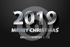 Silver Vector luxury text 2019 Merry Christmas, sale. Gold Festive Numbers Design on dark background. Silver shining glitter text