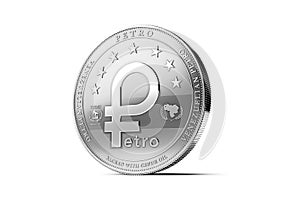 Silver Venezuelan Petro, the oil backed cryptocurrency coin, isolated on white background. 3D rendering