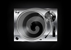 Silver vinyl record player on black background and long shadow, Vector