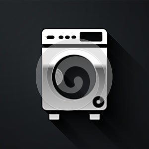Silver Washer icon isolated on black background. Washing machine icon. Clothes washer - laundry machine. Home appliance