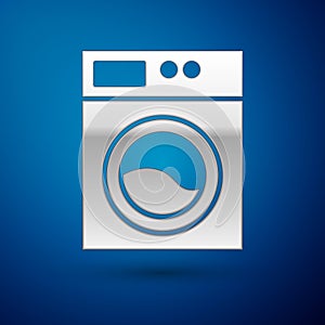 Silver Washer icon isolated on blue background. Washing machine icon. Clothes washer - laundry machine. Home appliance