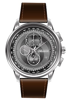 Silver watch chronograph brown leather strap on white background vector.