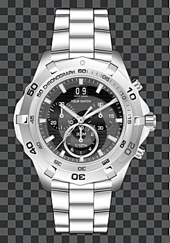 Silver watch clock chronograph luxury on grey checkered background vector