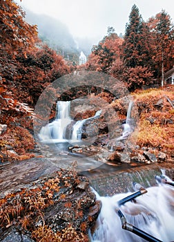 Silver waterfall or Thac Bac on fog in autumn