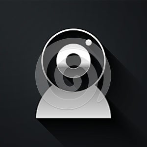Silver Web camera icon isolated on black background. Chat camera. Webcam icon. Long shadow style. Vector