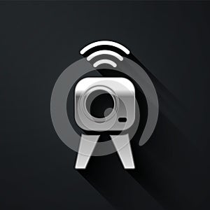 Silver Web camera icon isolated on black background. Chat camera. Webcam icon. Long shadow style. Vector