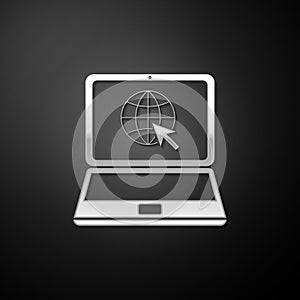Silver Website on laptop screen icon isolated on black background. Laptop with globe and cursor. World wide web symbol