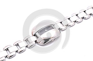 Silver women`s wrist watch on a white background