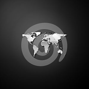 Silver World map icon isolated on black background. Long shadow style. Vector